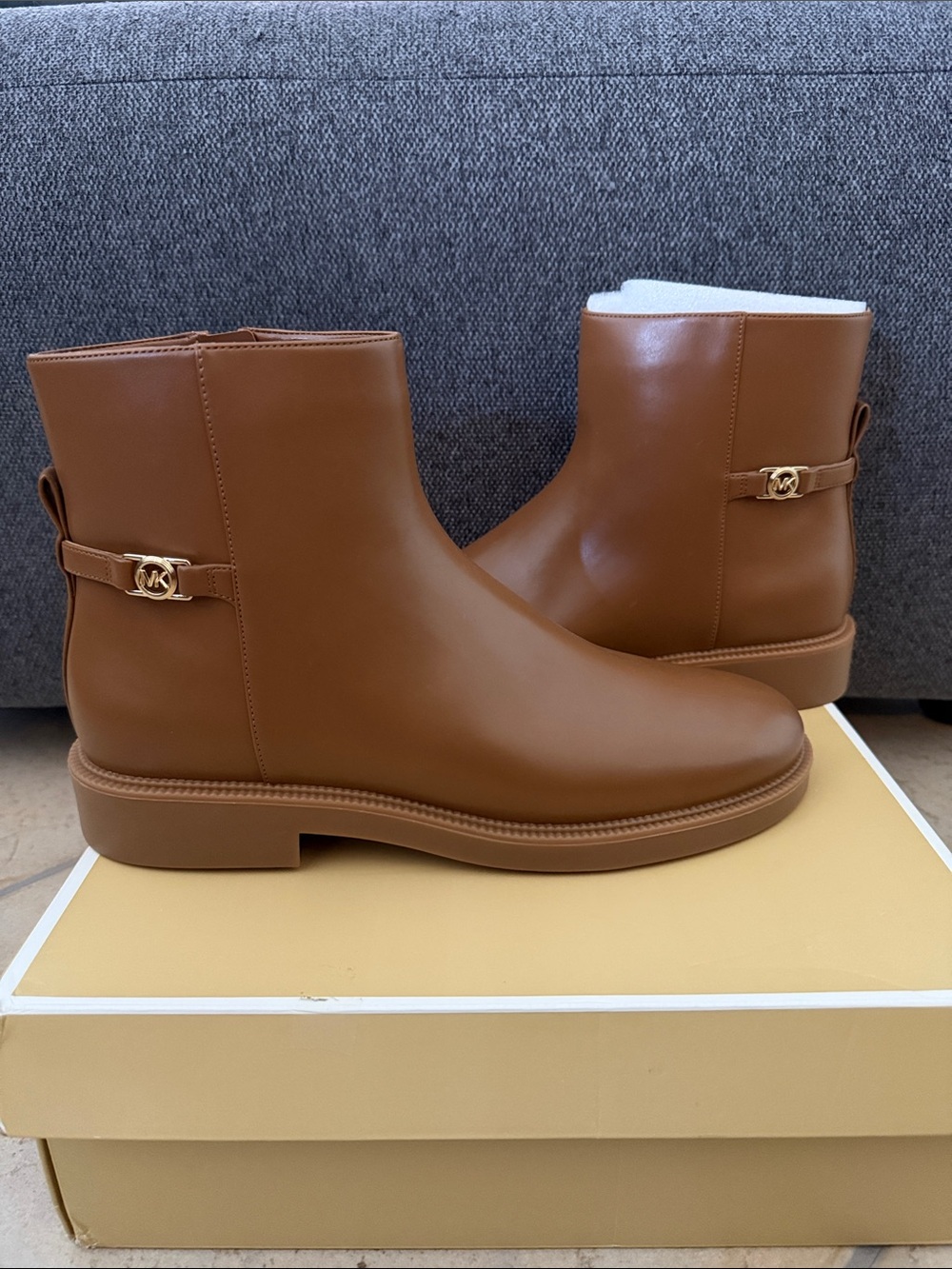 New Michael Kors Cognac Leather Ankle Boots with Gold MK Accent